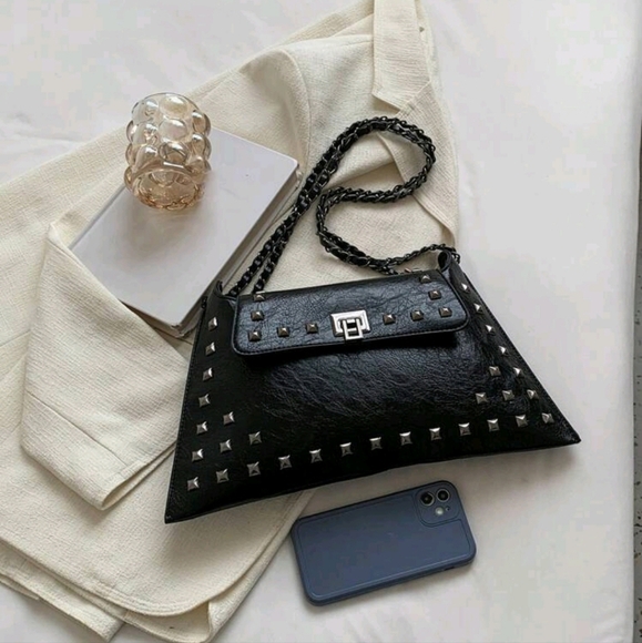 Punk Street Fashion Rivet Chain Decor Solid Color Vintage Elegant Shoulder - Picture 4 of 6